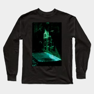 Special processing. Person walking at night, on dark street, with stone walls. Green. Long Sleeve T-Shirt